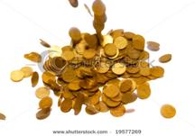 stock photo : Rain of gold coins isolated on white.