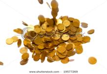 stock photo : Rain of gold coins isolated on white.