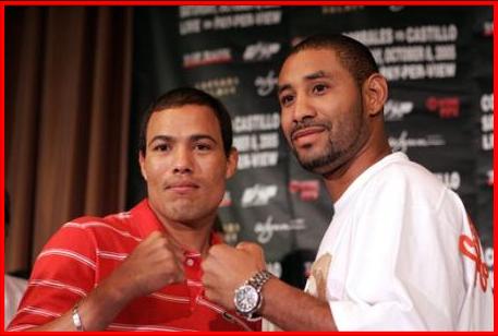 Two-time world champion Jose Luis Castillo, left, and current lightweight champion Diego 'Chico' Corrales pose Thursday, July 21, 2005, during a news
